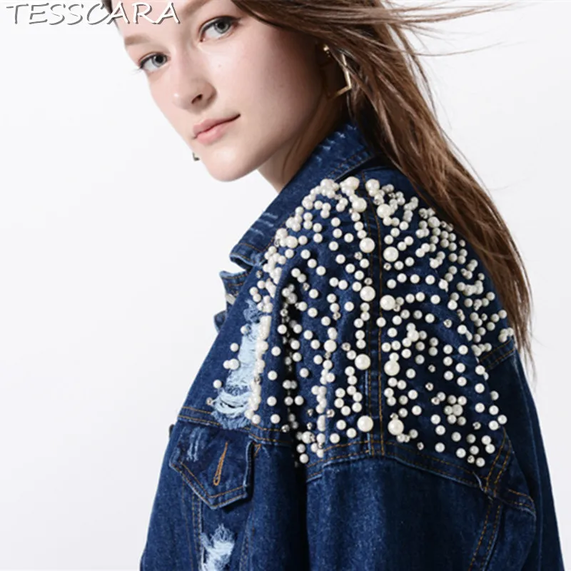 Féminine Perles Femmes Et Luxe Automne Blue Tesscara Mode Base Effiloché De Denim Manteaux Bomber Veste Vestes La Jeans Manteau Vêtements 5P4I5pqwx