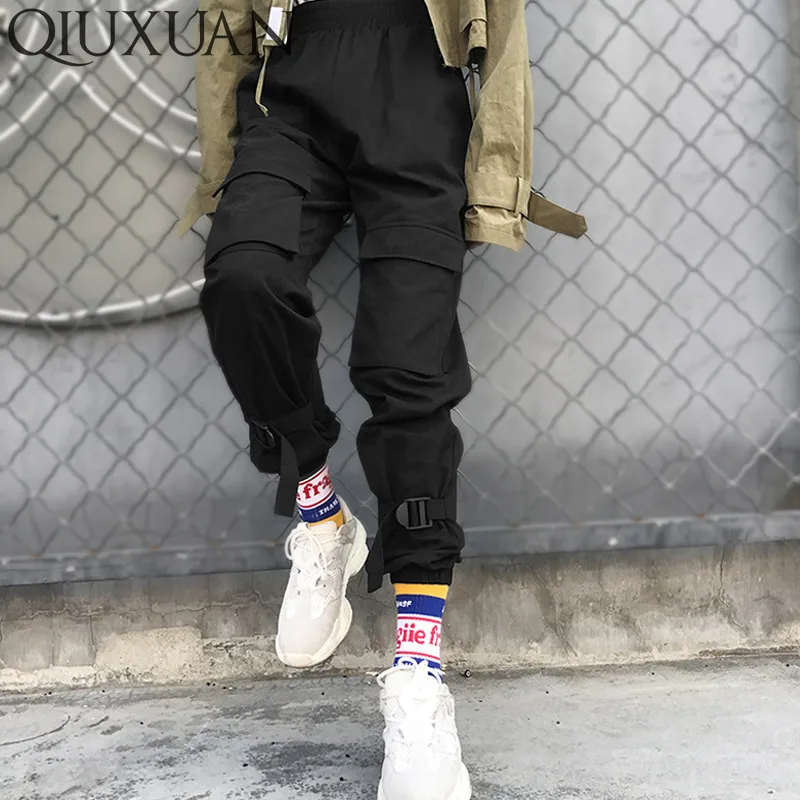 

Qiuxuan Streetwear Buckle Belt Detail Pockets Front High Waist Women Trousers Black Cotton Harem Pants Spring Female Joggers