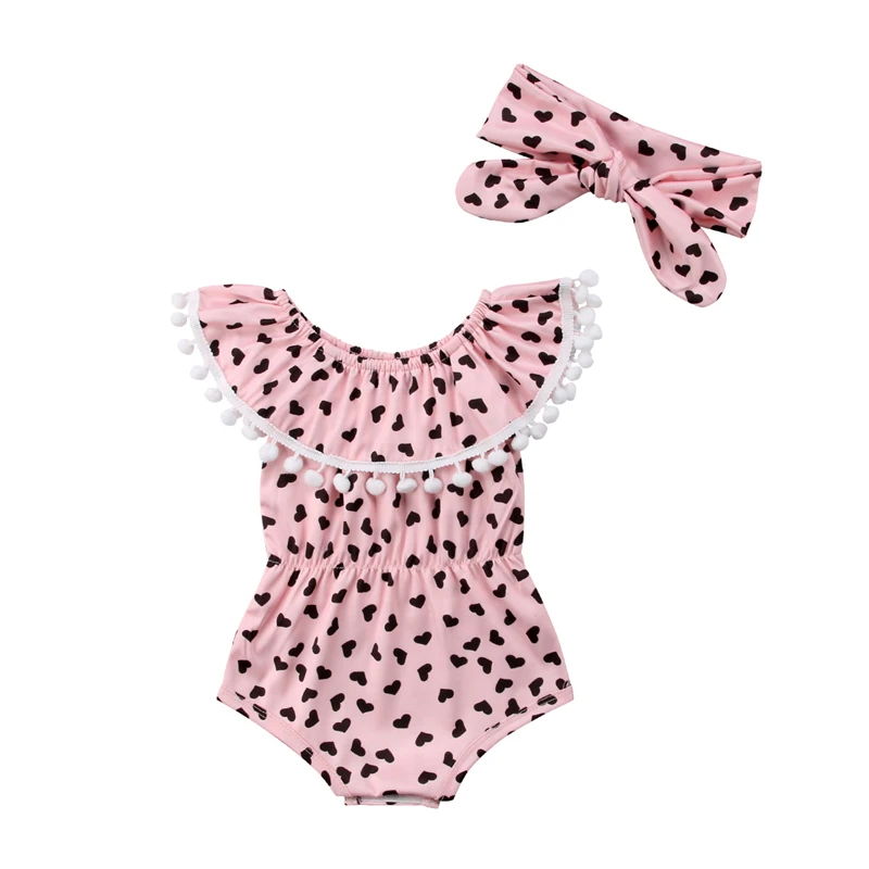 

Newborn Clothes Summer Princess Infant Baby Girl Summer Off Shoulder Tassel Bodysuit Heart Printed Jumpsuit Headband 2Pcs Outfit