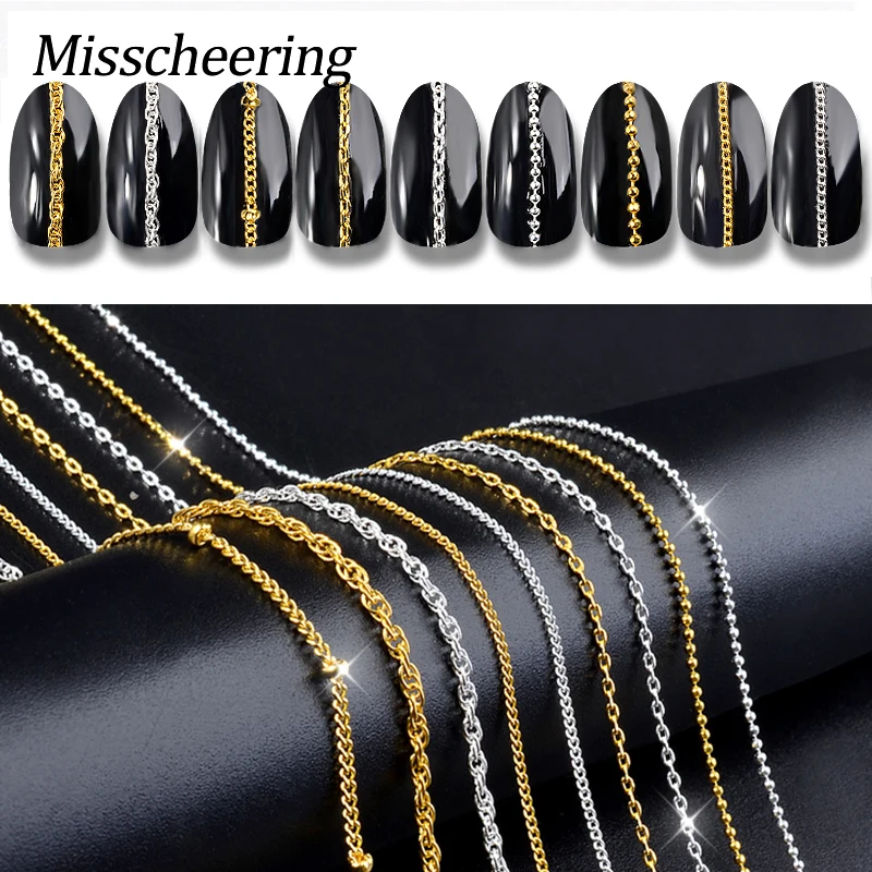 

50cm Gold Silver Nail Art 9 Designs Punk Style Metal Chains Glitter 3D Decorations Manicure Jewelry Making DIY Nail Accessories