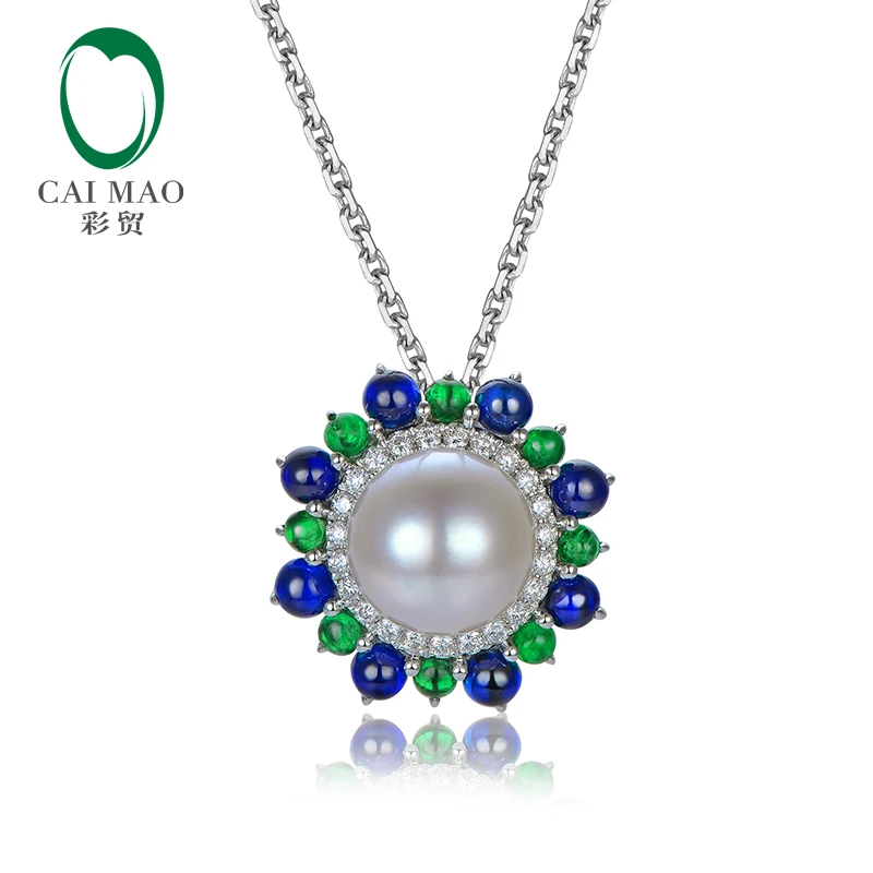 

Caimao 9.6mm Round Akoya Pearls With Natural Emerald Sapphire And 18K White Gold Diamond Fine Gold Pendant