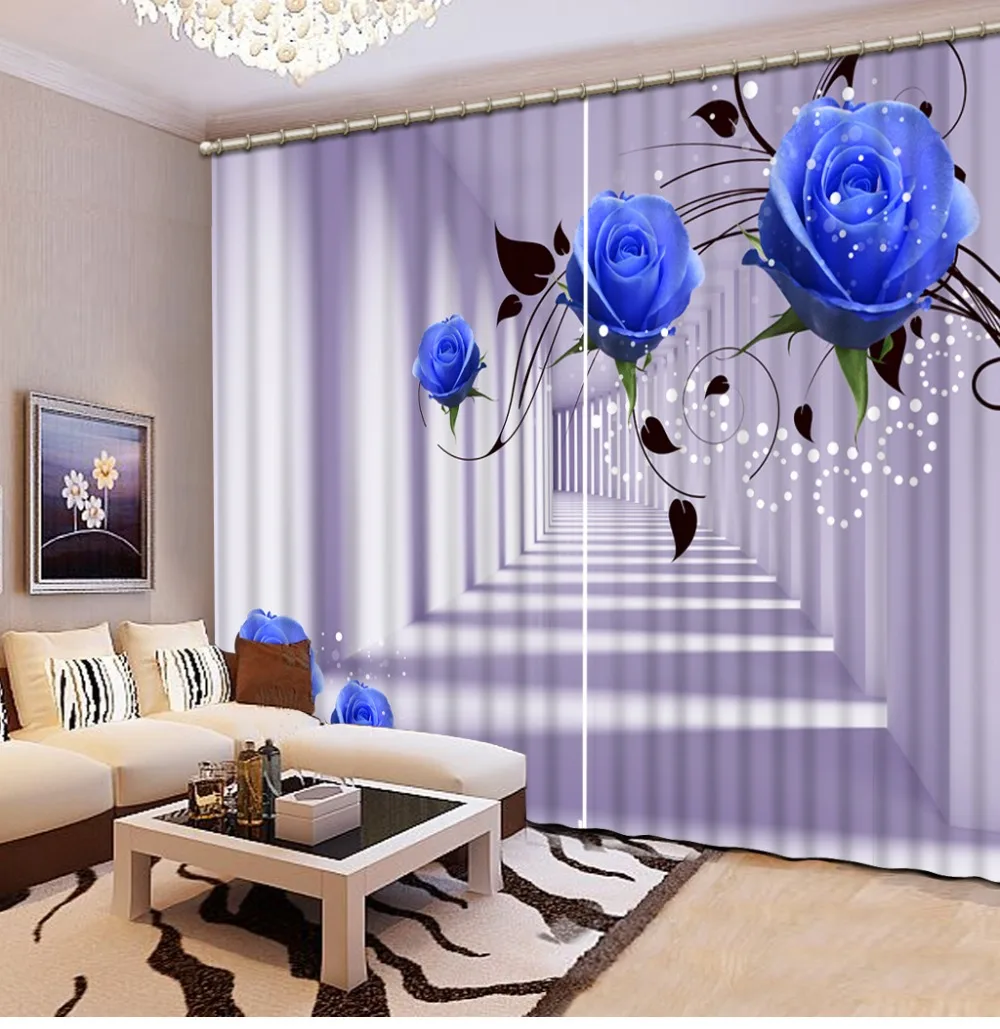 Europe Curtains expand space 3D Curtain For Bedroom Living room blue rose Blackout Window Home Decorative | Дом и сад