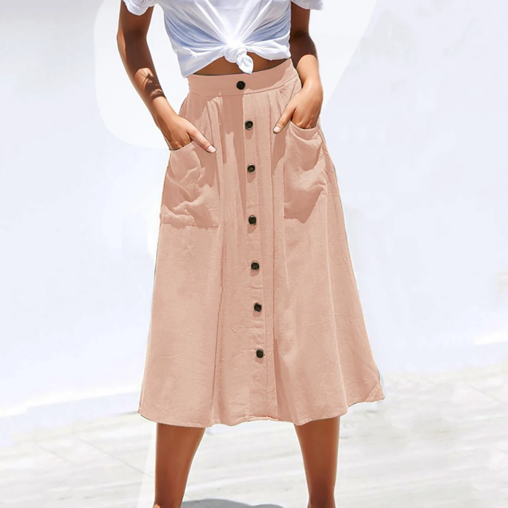 Cysincos летняя модная женская однотонная однобортная юбка средней длины с высокой талией и карманами, элегантная юбка миди