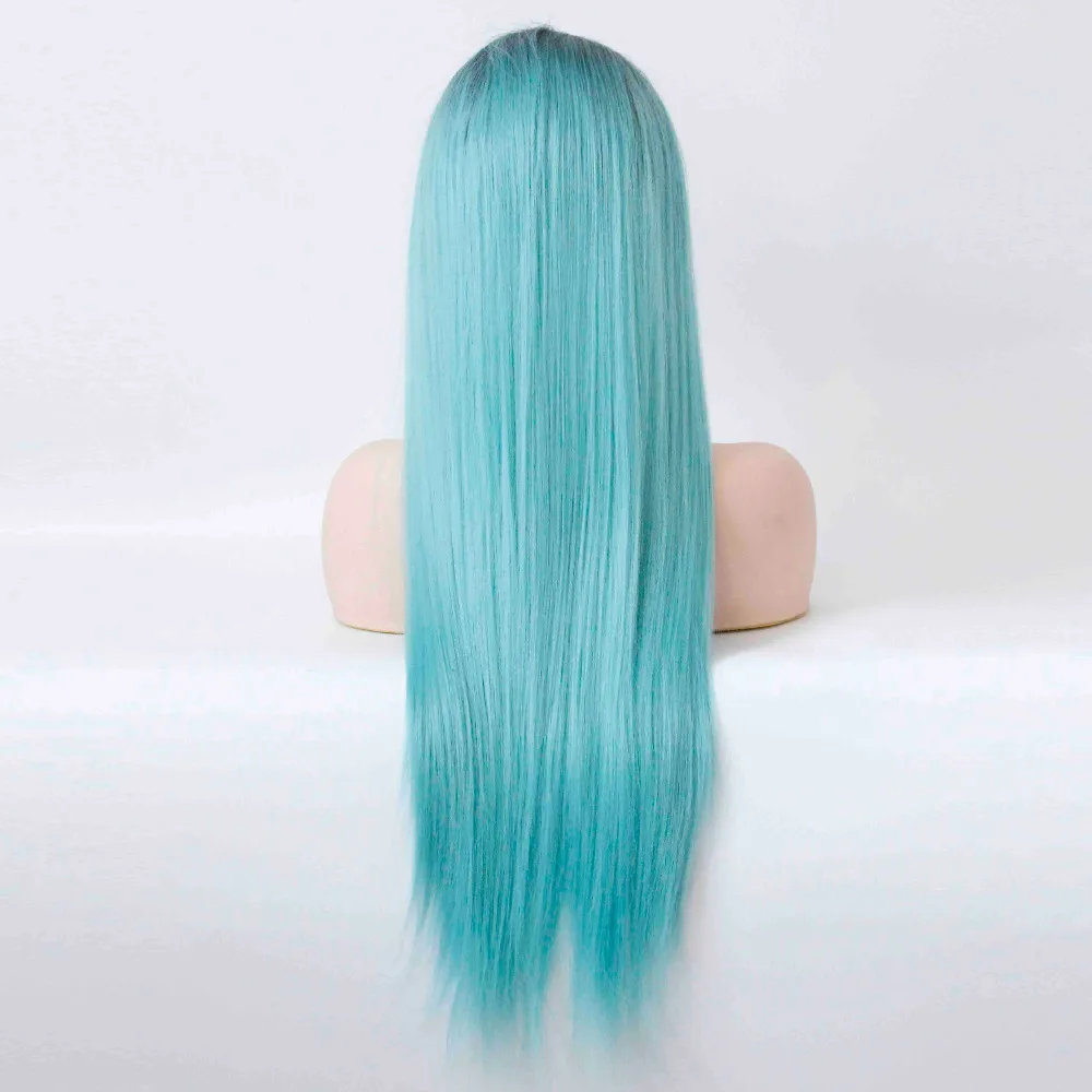 V'NICE Ombre Бирюзовый синтетический кружевной передний прямой парик Средняя часть термостойкие волокна черные корни для пастельных синих женщин парик