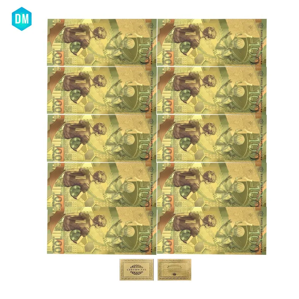 

10pcs/lot Nice Color Russia World Cup Banknotes 100 Roubles Banknote in 24k Gold Paper Money For Collection And Gifts