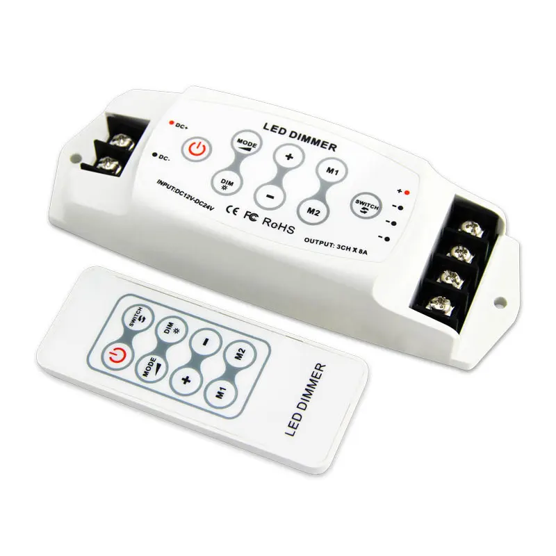 DC12-24V 8A/CH 3Channels Output Brightness Dimmable LED Dimmer Controller w/ RF Remote Control for Single Color Strip Light | Лампы и