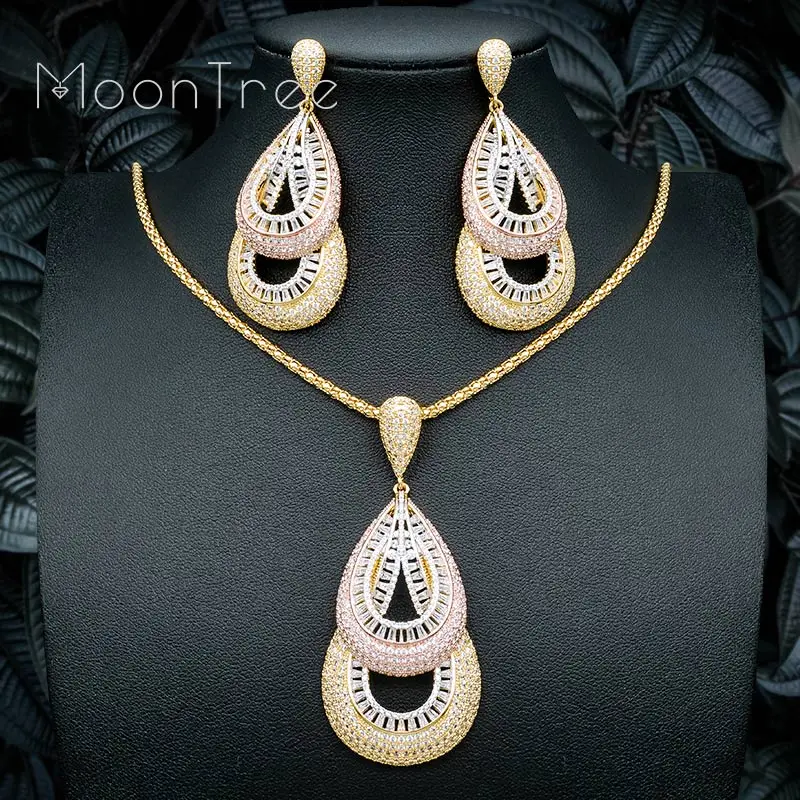 

ModemAngel Luxury Water Drop Pendant Necklace And Earring Full Micro Paved Cubic Zircon Copper Women High Quality Gift