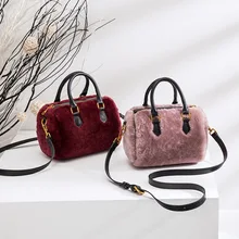 Мини-сумка новая кожаная сумка на молнии женская осенняя и зимняя меховая сумка из овечьей шерсти Бостонская сумка кожаная сумка