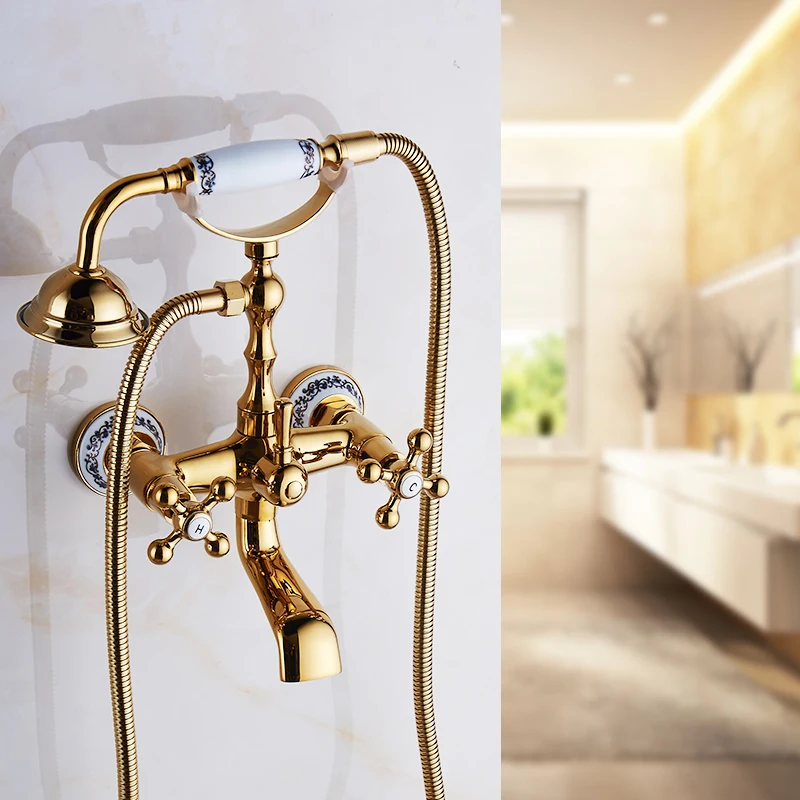 

Bathtub Faucets Brass Gold Bathroom Shower Faucet Set Rainfall Single Handle Shower System Wall Mounted Shower Mixer Tap HS-G020