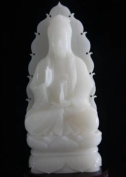 

China White Jade hand-carved Buddhism Kwan-Yin Bodhisattva GuanYin Buddha Statue