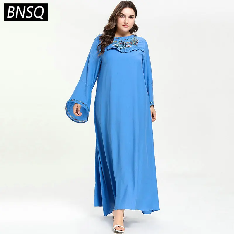 

BNSQ Floral Embroidery Dressing Gowns for Women Plus Size Casual Muslim Dresses Blue Loose Flare Long Sleeve Arabian Clothes New