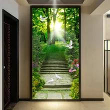 HD зеленый лес солнце лестницы пастырской 3D обои Гостиная вход отель лобби фотообои природа нетканый Papel де Parede 3D