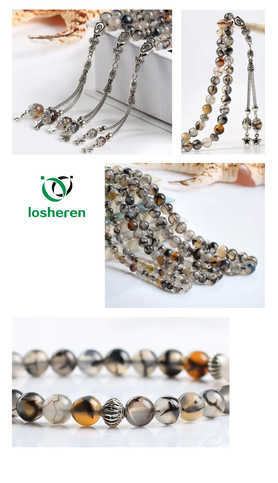 LOSHEREN натуральный агатовый камень мусульманский кулон аксессуары Tasbih молитвенные бусы браслет ювелирные изделия ислам подарки для Рамадана