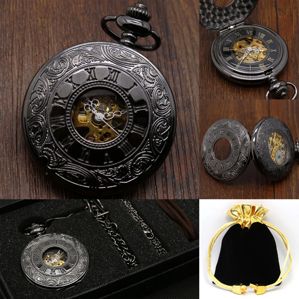Luxury Hollow Caving Pocket Watch Set Vintage Black Full Hunter Design Mechanical Clock Necklace Pendant Clock Gift Bag Box (1)