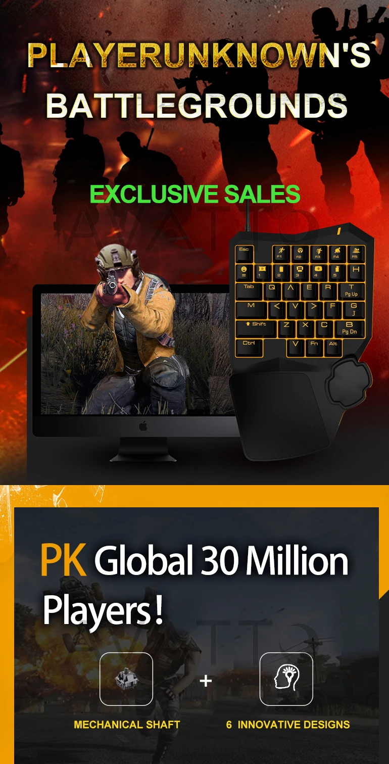 Avatto Profesional Pubg Mechanical Gaming Keyboard dengan Backlit, Kabel Satu Tangan Pergelangan ...