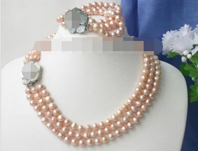 

charm Jew.656 3strands 8-9mm Pink pearls Necklace Bracelet set