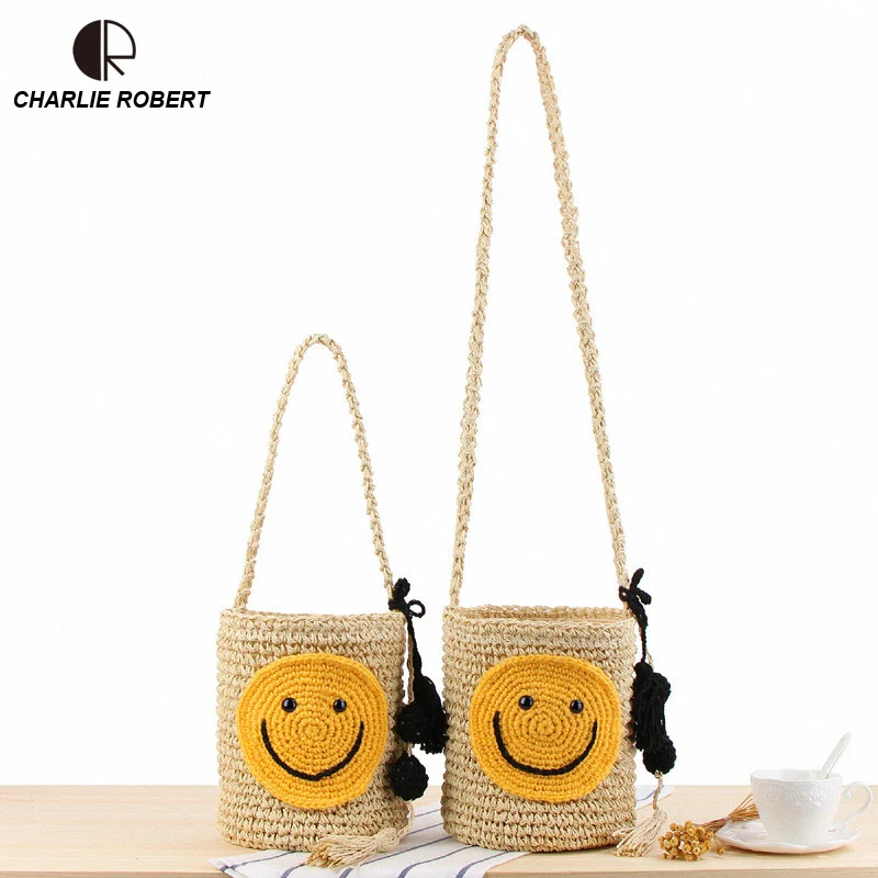 

2019 Straw Bags Women New Summer Rattan Shoulder Bag Handmade Woven Beach Cute Emoji Casual Tote Bag Bohemia Handbag Bali Box