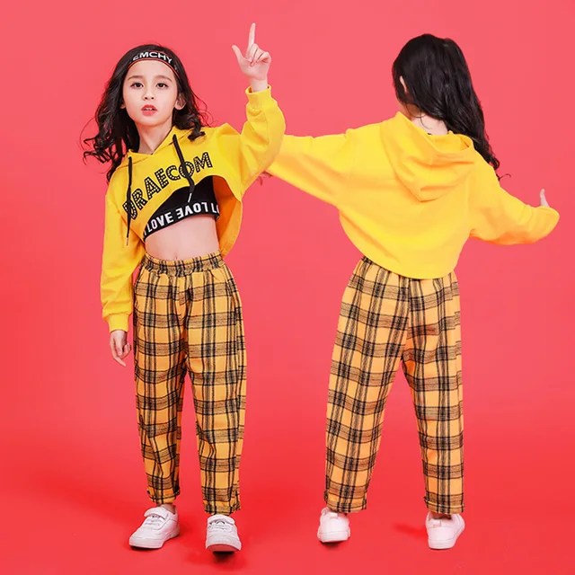 Yellow Girls Boys Hip Hop Hoodies Dance Clothes for Kids Jazz Dancing Costumes T Shirt Ballroom Crop Tops Plaid Jogger Pants 1