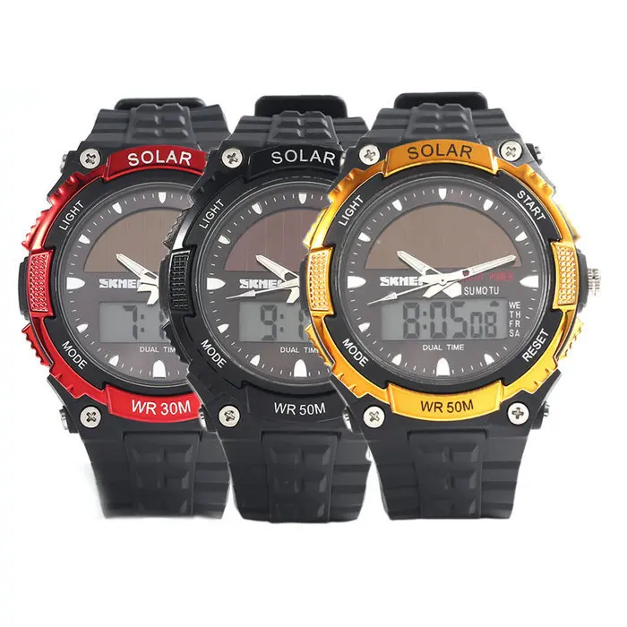 New Men's Solid Resin Casual Solar Atomic Sports Watch 2 Time Zone Digital Led Quartz Jewelry