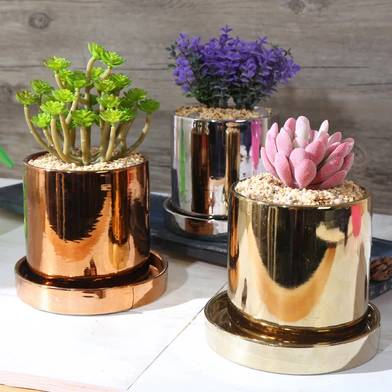 1pc Plating Ceramic Flower Pot with Stand Modern Vase Luxury Plant Pot