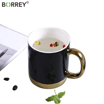 

BORREY 380Ml Creative Ceramic Mug Breakfast Milk Coffee Mug Gold Handle Pink&Black Ceramic Mug Porcelain Tea Cup Office Cup