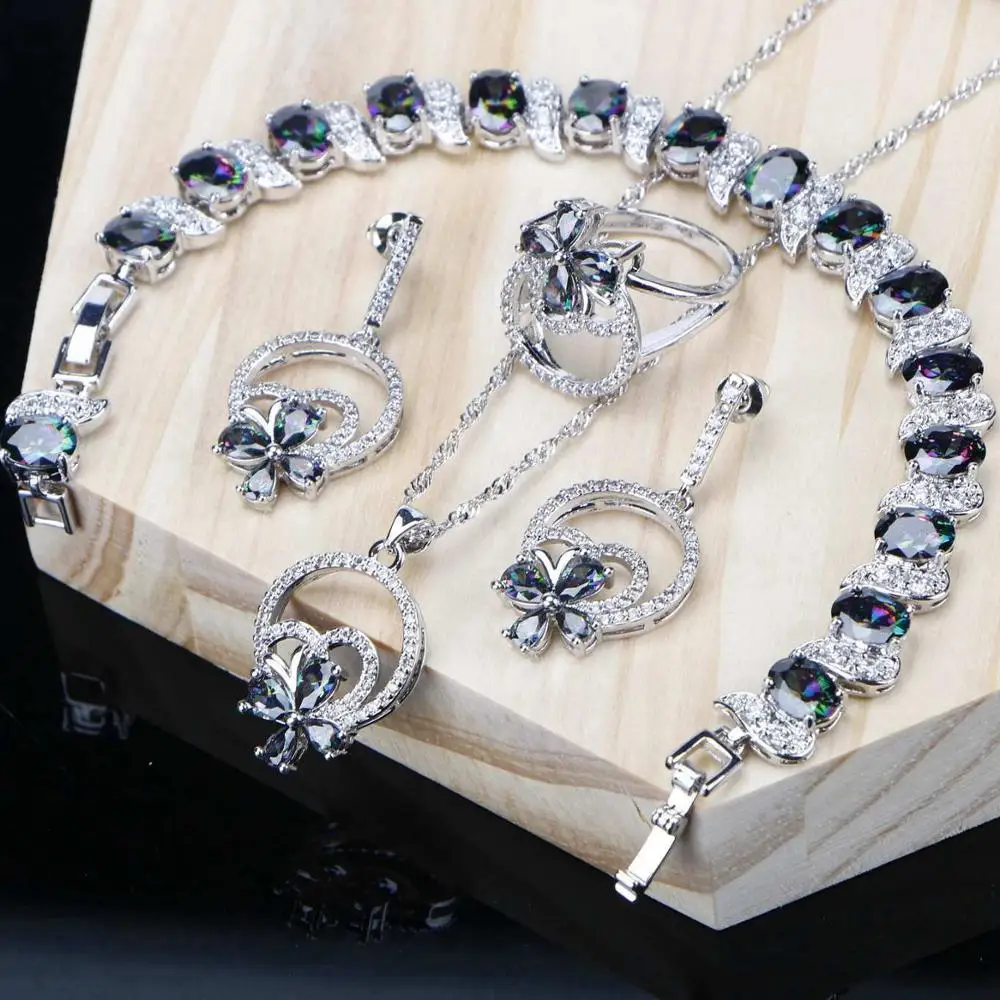Радужный кубический цирконий, ювелирные наборы для женщин, серебро 925, ювелирный браслет, кольца, серьги, ожерелье, набор, подарки для любимой - Окраска металла: 4PCS