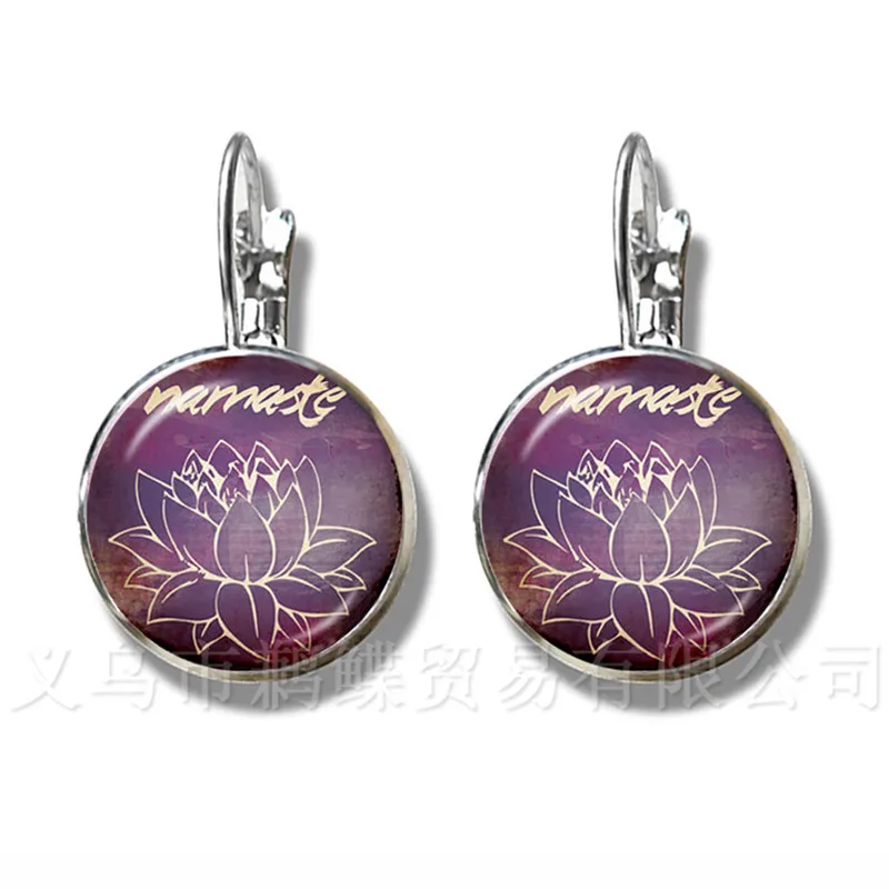 1pc OM Yoga Jewelry Earrings OM Symbol Buddhism Zen Unique Mandala Flower 16mm Glass Dome Henna Silver Plated Stud Earrings