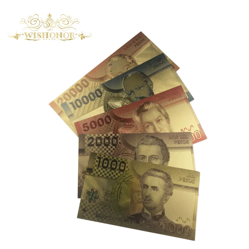 5 шт./партия, набор золотых банкнот Чили, 1000-20000 песо, золотые банкноты, поддельные бумажные деньги для подарков