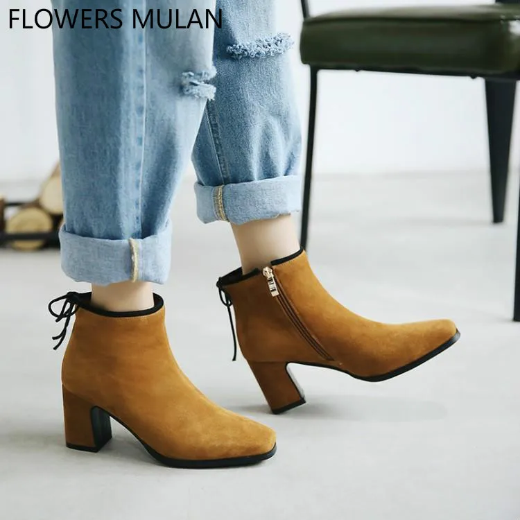 Femmes Femme as Show Abricot Chic Toe Talon Slim Bottes Haute Zapatos Couleur Chunky As Chaussures Caramel Show Flock Faux Suede Pour Squre Cheville CtdsxhQr