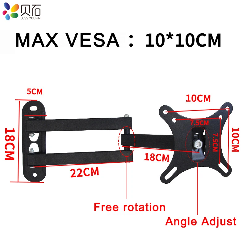 Настенный кронштейн для монитора с поворотным и артикуляционным наклонным кронштейном подходит для ЖК-дисплея 10-27 дюймов, светодиодный экран с плоским экраном до 22 фунтов
