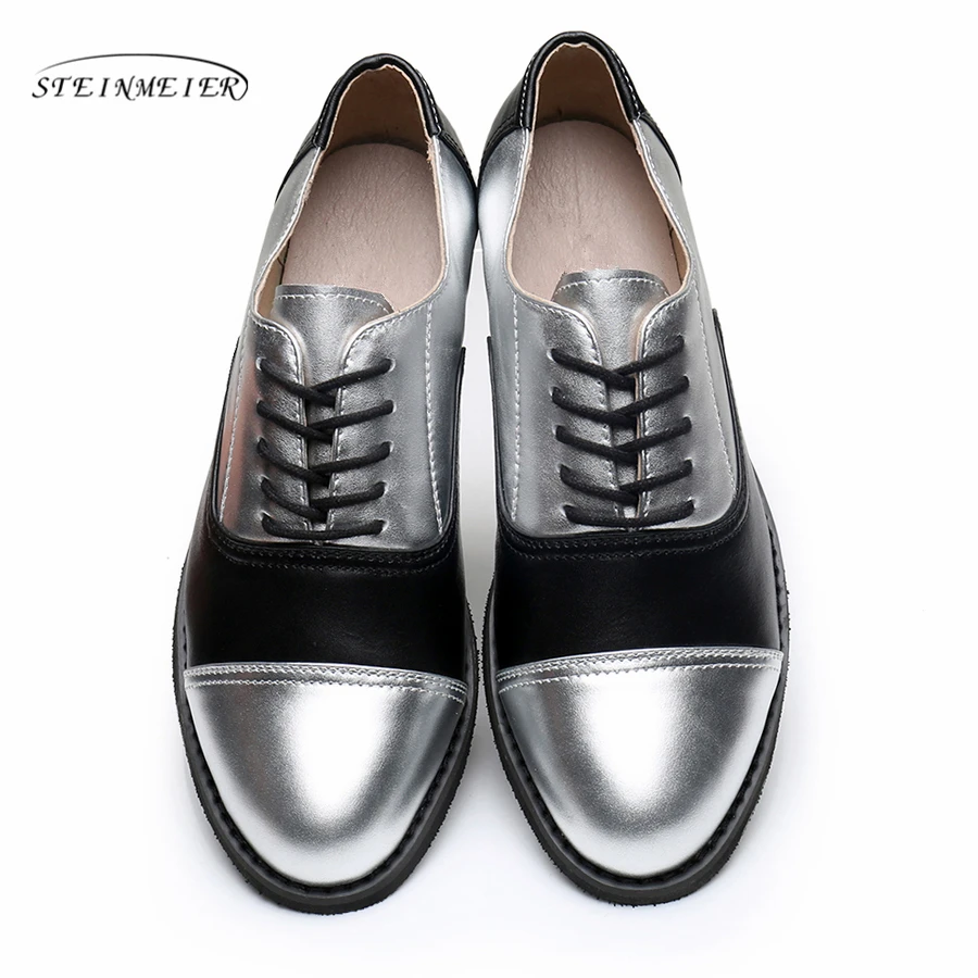 Genuine leather big woman US 11 designer vintage flats shoes round toe handmade silver black 2019 oxford shoes for women fur Genuine leather big woman US 11 designer vintage flats shoes round toe handmade silver black 2019 oxford shoes for women fur