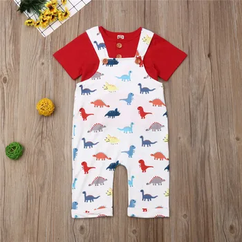 

New Born Set Red Short Sleeve T-Shirts Girls Dinosaur Print Overalls Children Set Infant Toddler Outfits Baby Girls Clothing Set