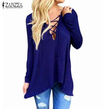 

ZANZEA Women 2019 Spring Autumn Blusas Sexy V Neck Irregular Blouses Shirts Ladies Casual Loose Hooded Solid Long Sleeve Tops