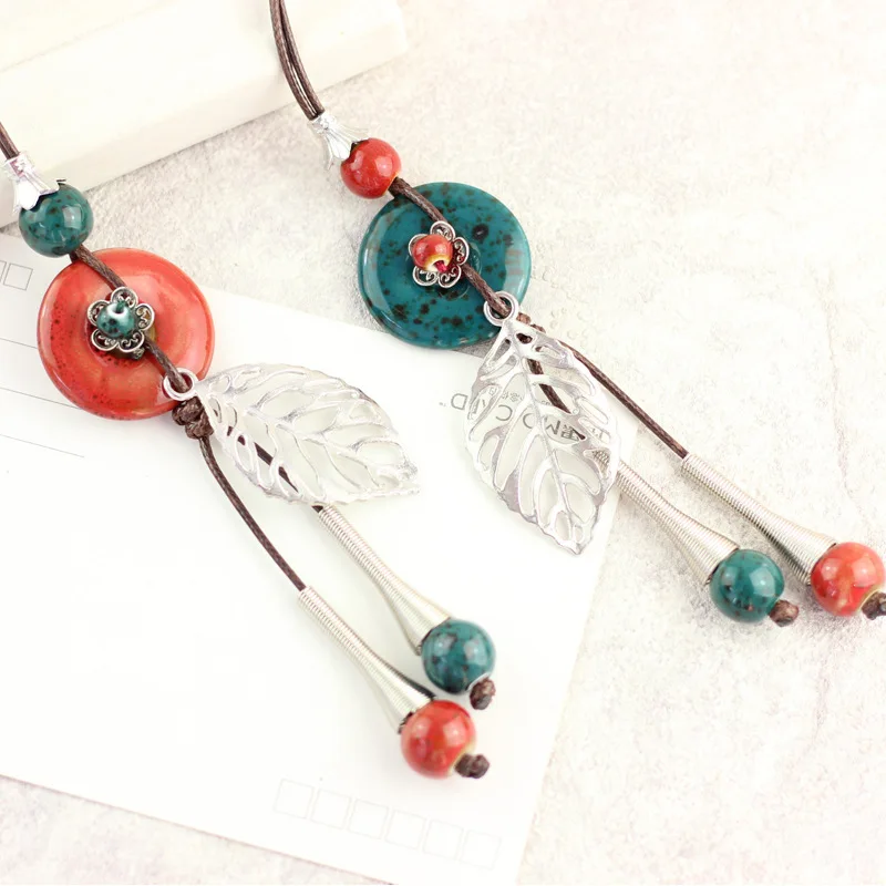 

Miage Ethnic Vintage Handmade China Ceramic Beads Geometric Circle Leaves Pendant Necklaces Women Boho Ethnic Rope jewelry Gift
