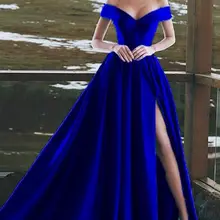 Сексуальные V образным вырезом ярко-синие вечерние платья трапециевидные Длинные атласные с открытыми плечами robe de soiree длиной в Пол с разрезом Выпускные вечерние платья