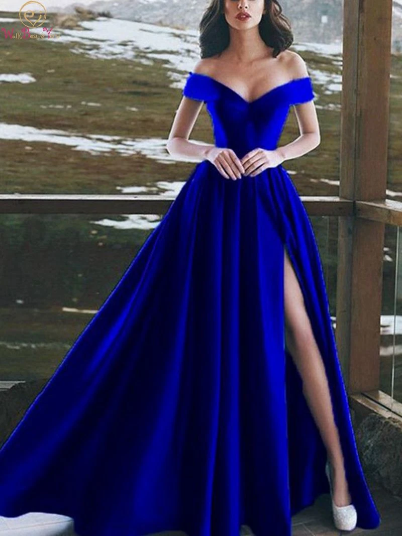 Sexy V ausschnitt Royal Blau Abendkleider EINE Linie Lange Satin Off  Schulter robe de soiree Bodenlangen Split Prom formale Party Kleider|Evening  Dresses| - AliExpress