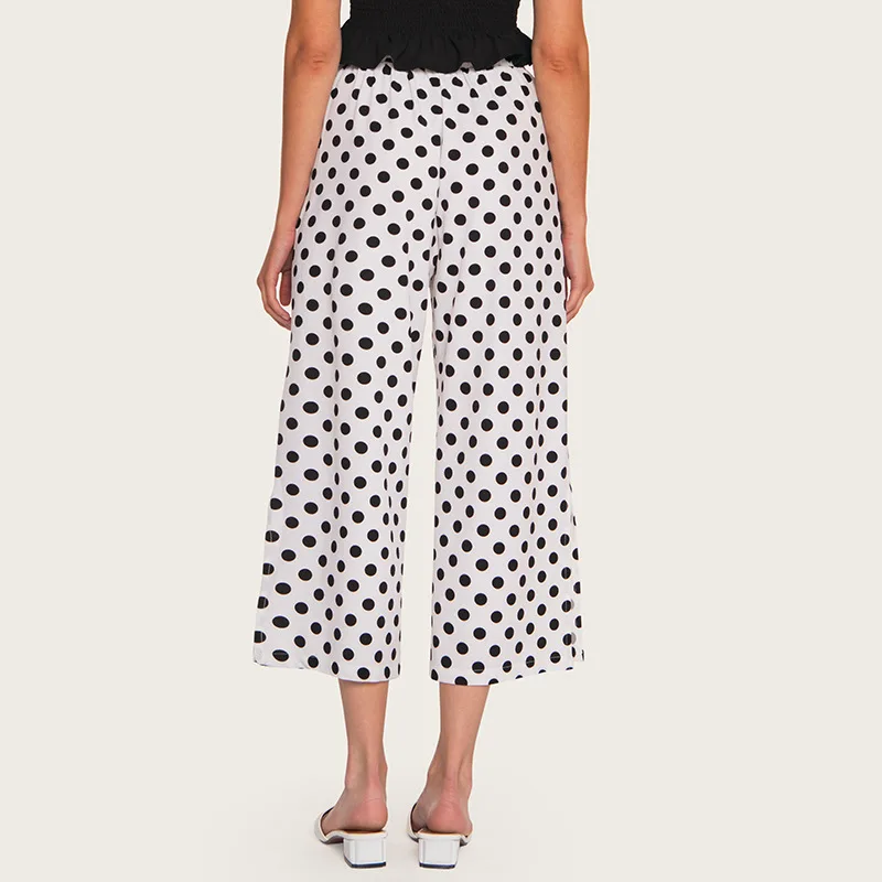 AcFirst Summer Women Fashion White Polyester Loose Long Pants Wide Leg Pants High Waist Female Pants Holiday Casual Dots AcFirst Summer Women Fashion White Polyester Loose Long Pants Wide Leg Pants High Waist Female Pants Holiday Casual Dots