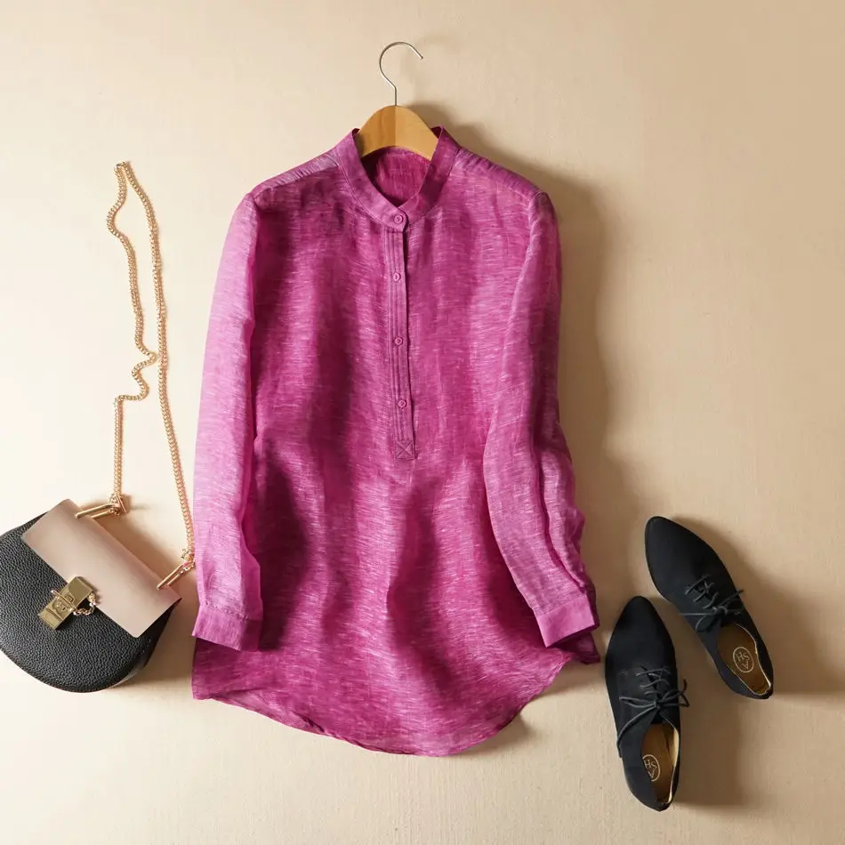 

Spring and summer new women's high-end boutique silk silk solid color perspective shirt