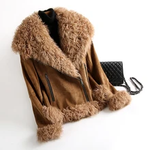 Новая зимняя куртка женская натуральная овечья шерсть пальто с натуральным овечьим мехом парка винтажная модная Байкерская уличная короткая куртка