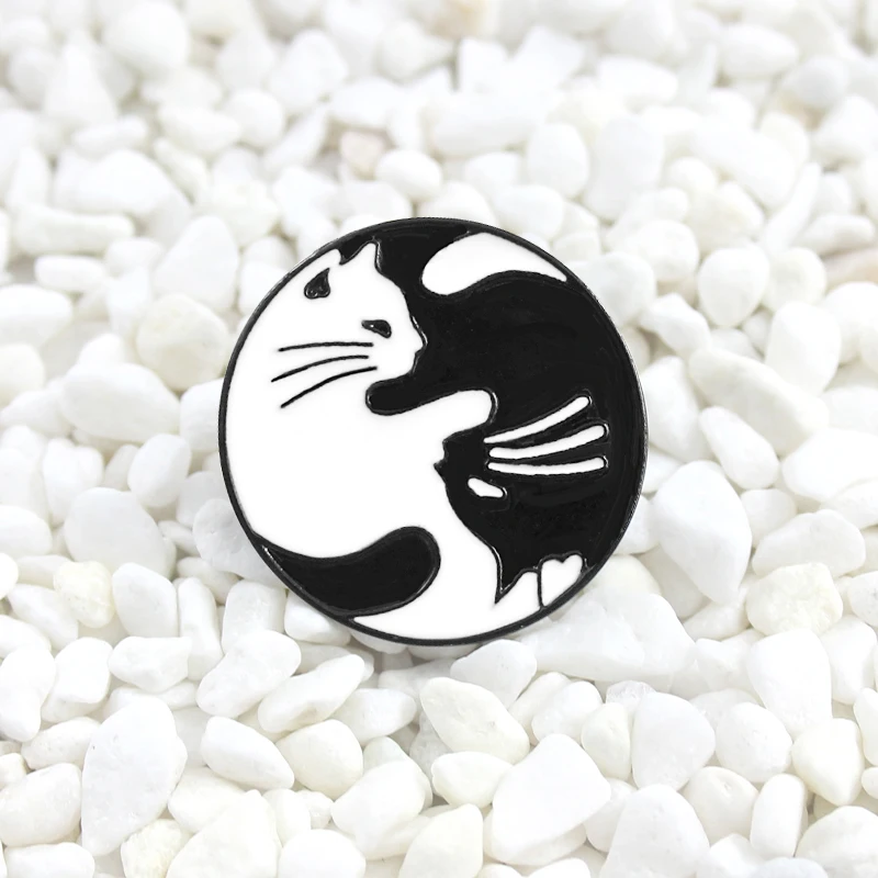 Yin Yang Siamese Cats Metal Enamel Pin Badge Black White Cat Lover 
