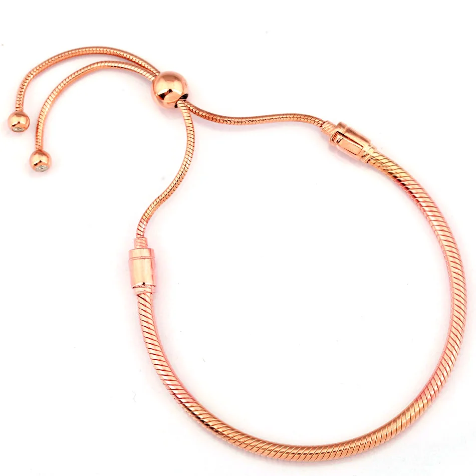 

New Rose Gold Moments Sliding Clasp Adjust Bracelet Bangle Fit Women Bead Charm Diy Pandora Jewelry 925 Sterling Silver Bracelet