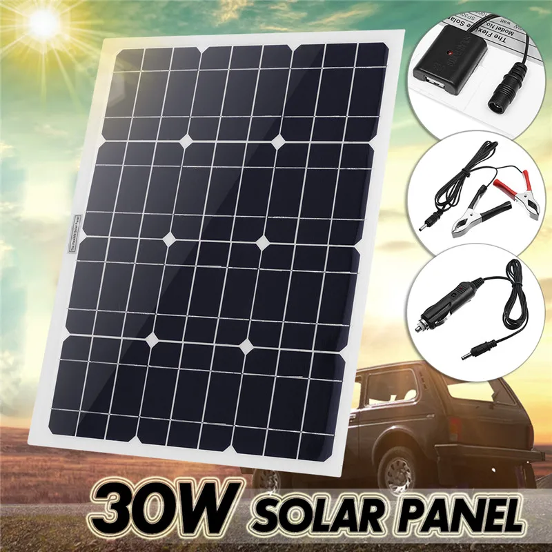 

30W 12V/5V DC Solar Panel Sunpower Battery USB For Phone Light Car Charger Waterproof Home Solar System