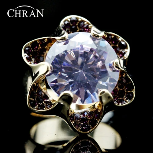 Chran Gold Color SWA ELEMENTS Austrian Crystal Purple Flower Design Cubic Zirconia Ring Women Jewelry FREE
