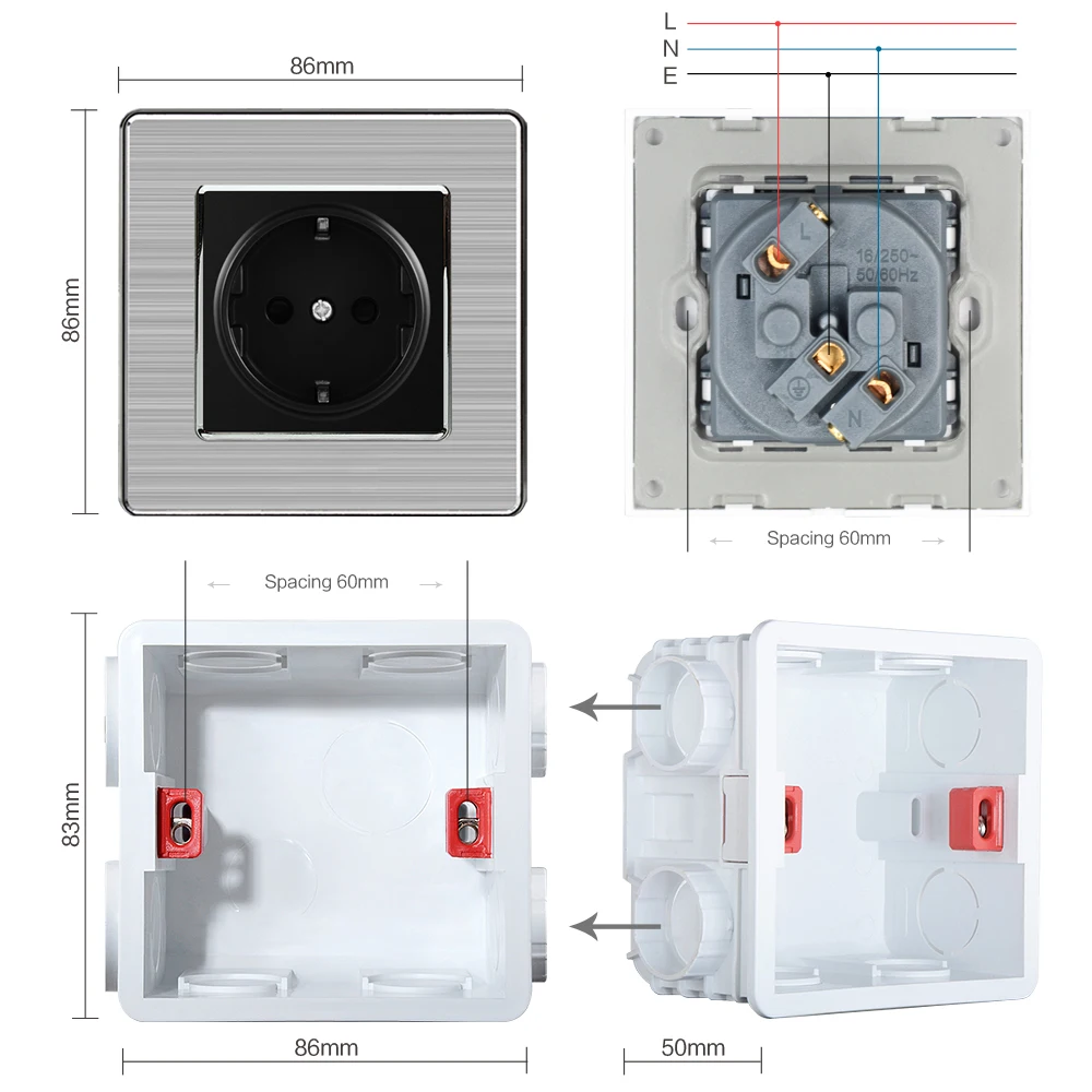 ЕС 16A электрическая розетка 86*86 мм украшение дома 304 нержавеющая сталь панель электрическая розетка белый модуль