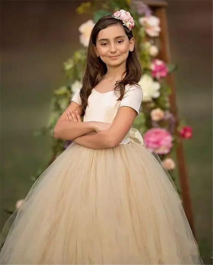 Платье принцессы цвета шампанского с Рубашка с короткими рукавами ленты с открытой спиной из тюля для Девочек Пышные Платья День рождения уникальные платья