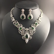 2017 new fashion retro palace elegant V green zircon necklace earring set wedding bride banquet dress jewelry free shipping