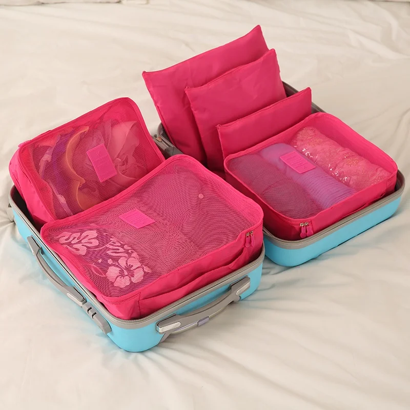 Модные сумки для путешествий 6 в 1 комплект Высокое качество нейлоновая дорожная сумка для хранения непромокаемая одежда Органайзер переносная сумка комплект - Цвет: HOT PINK