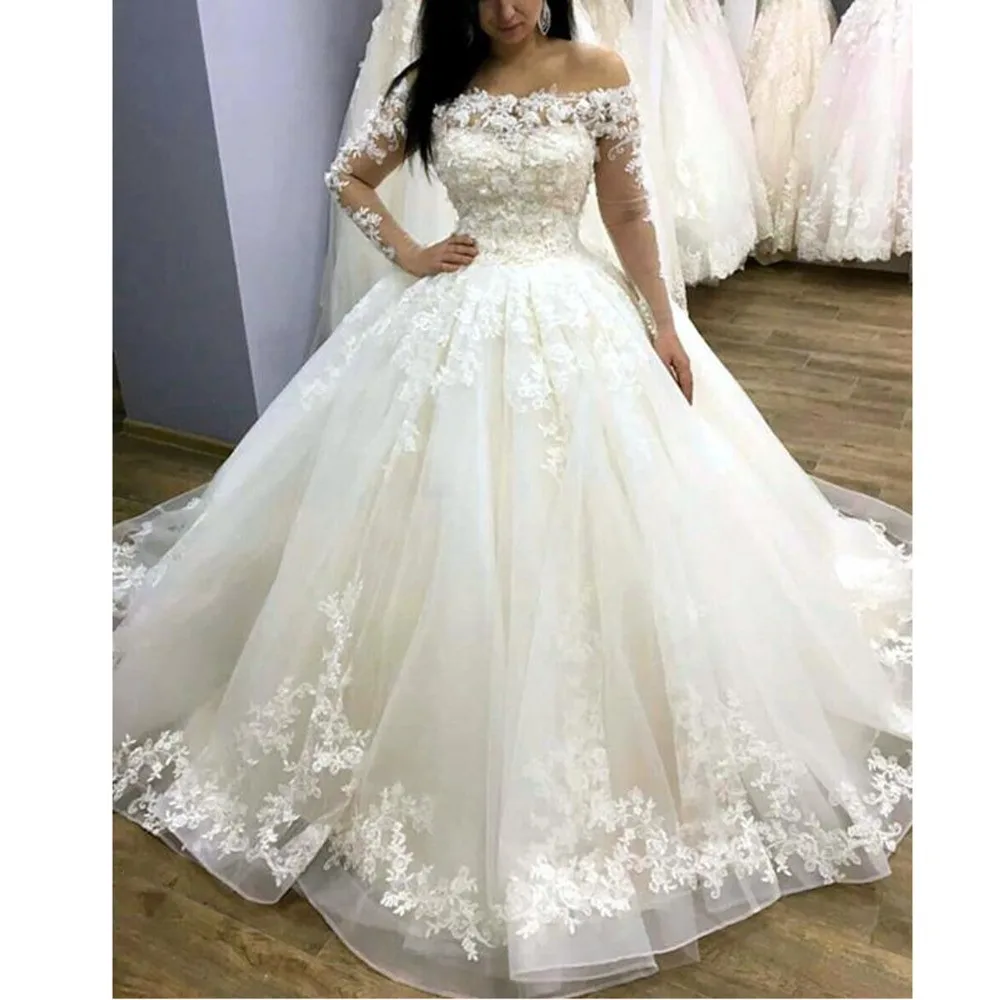 Элегантные 3D Цветочные Свадебные платья с прозрачными длинными рукавами с кружевной аппликацией, свадебные платья с вырезом лодочкой, Vestido De Noiva
