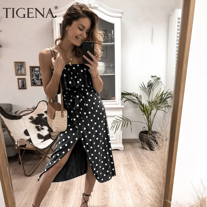 Tigena Kawaii горошек печати летнее платье 2019 женская обувь пикантные ремень туника