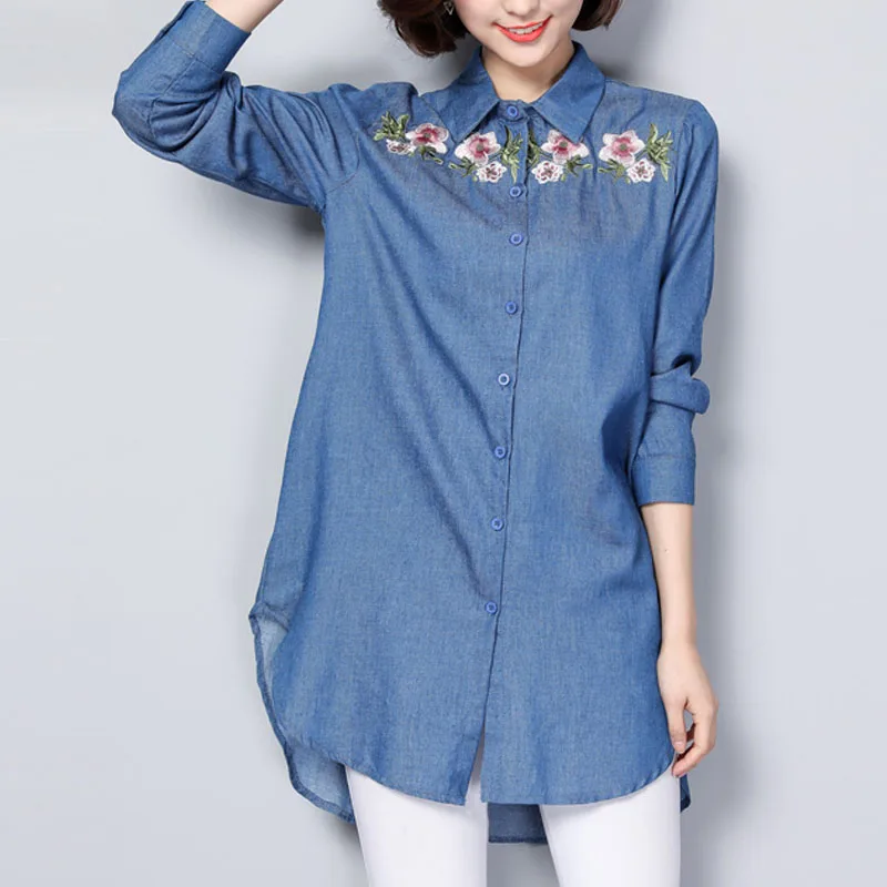 XL 5XL fashion button down embroidered shirt woman loose long sleeve